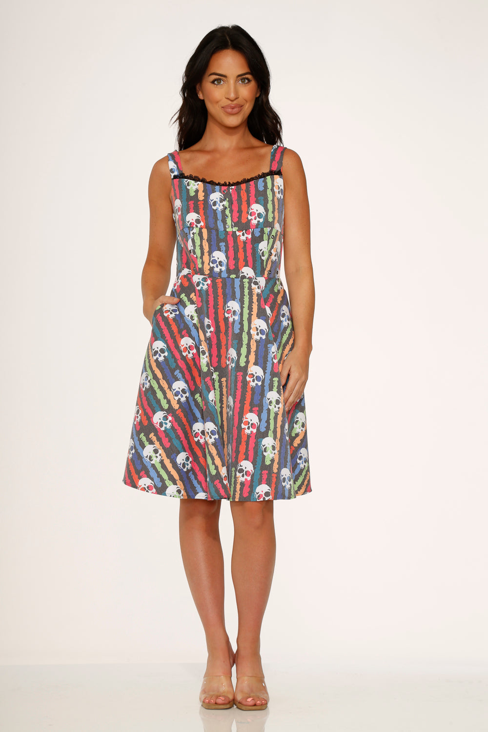 Black Skulls Rainbow Swing Dress