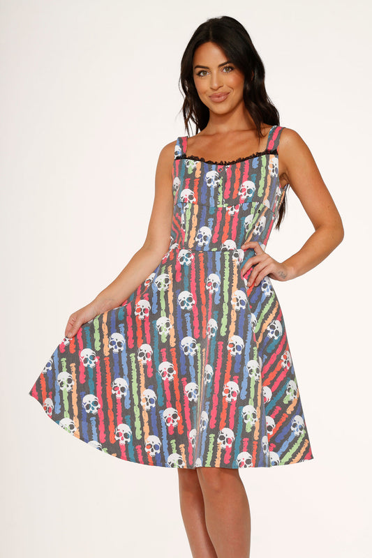 Black Skulls Rainbow Swing Dress