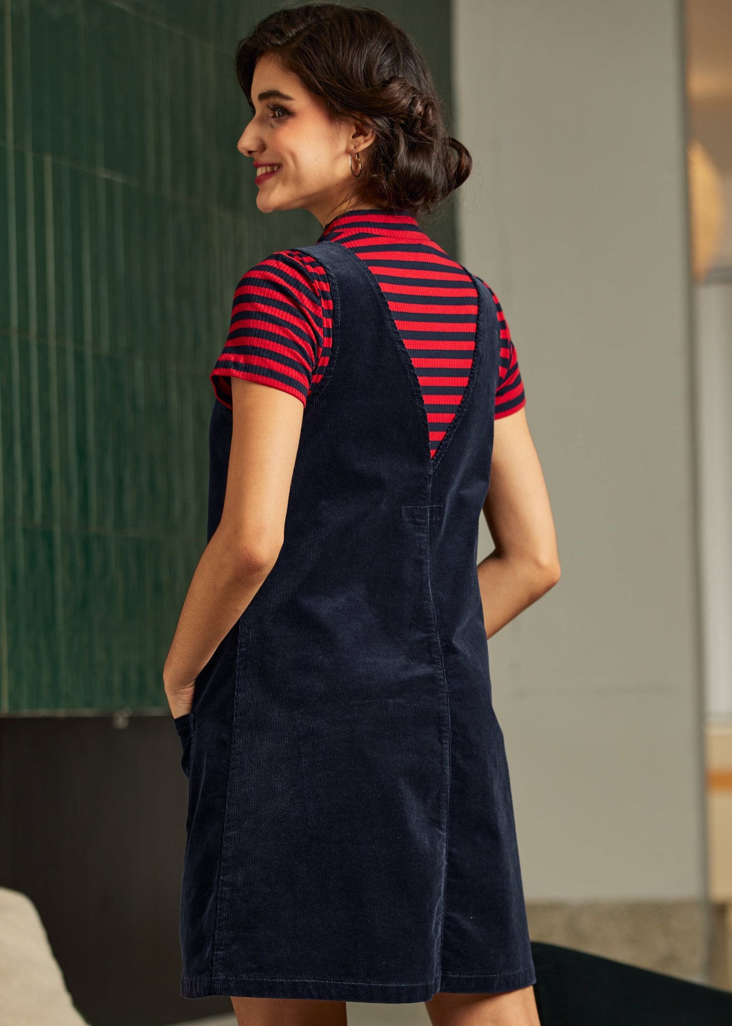 Retro Radiance V-Neck Corduroy Dress