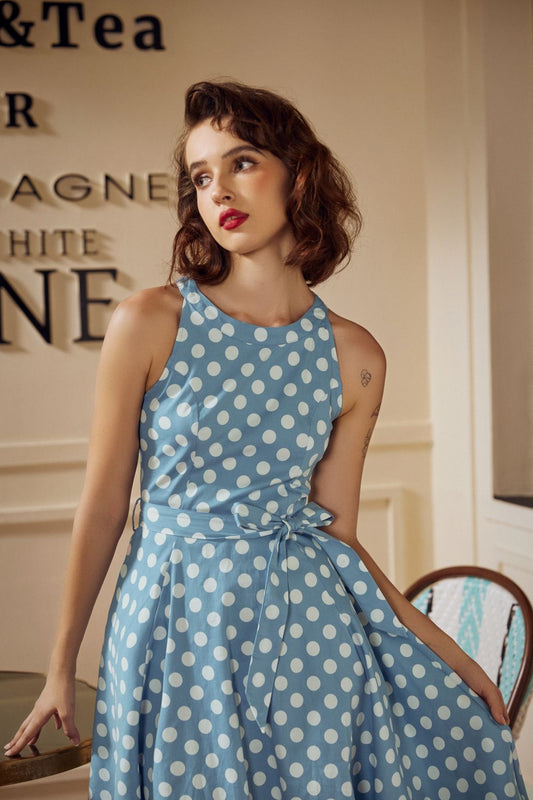 Light Blue & White Polka Dot Swing Dress