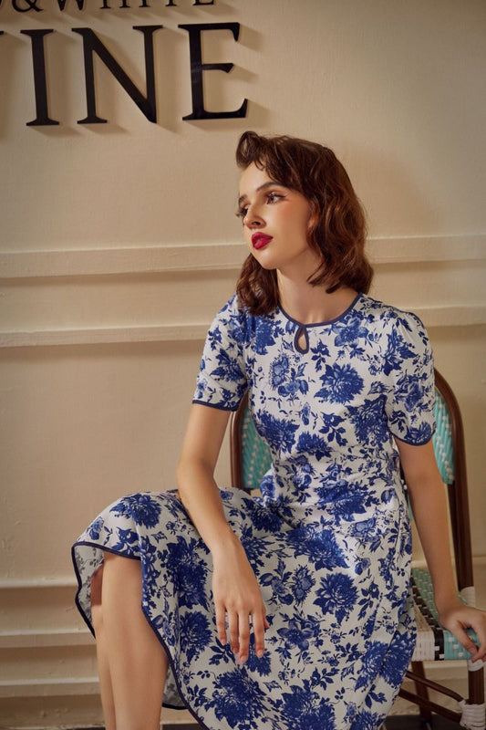 White & Blue China doll Swing Dress