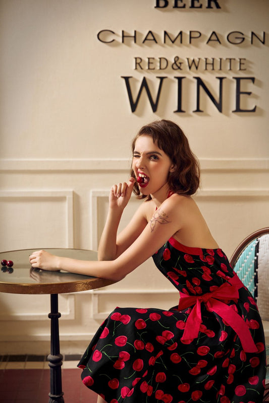 Black & Red Cherry Halter Dress