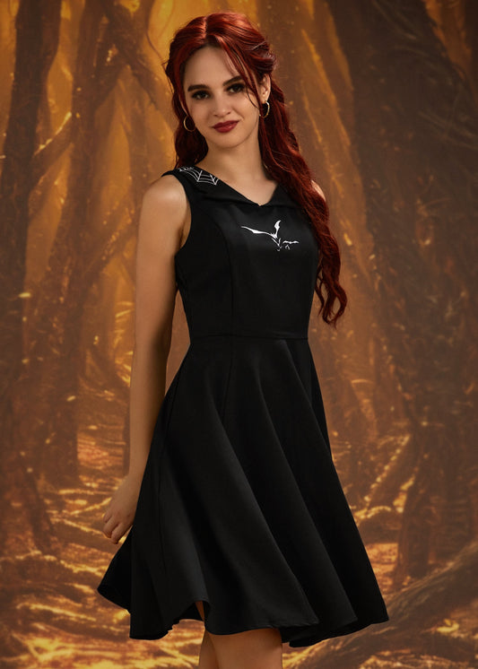 Black Bat Embroidered Swing Dress