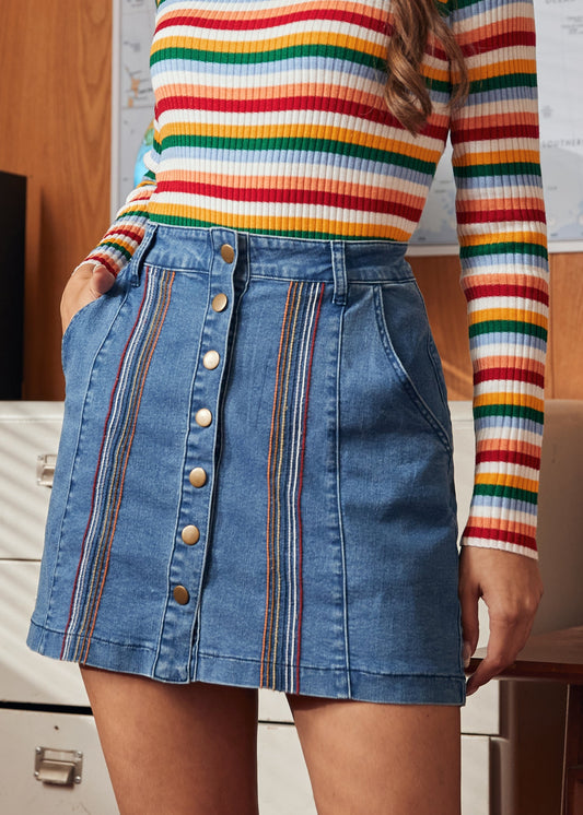 A Spring Fling Button Down A-Line Jean Skirt