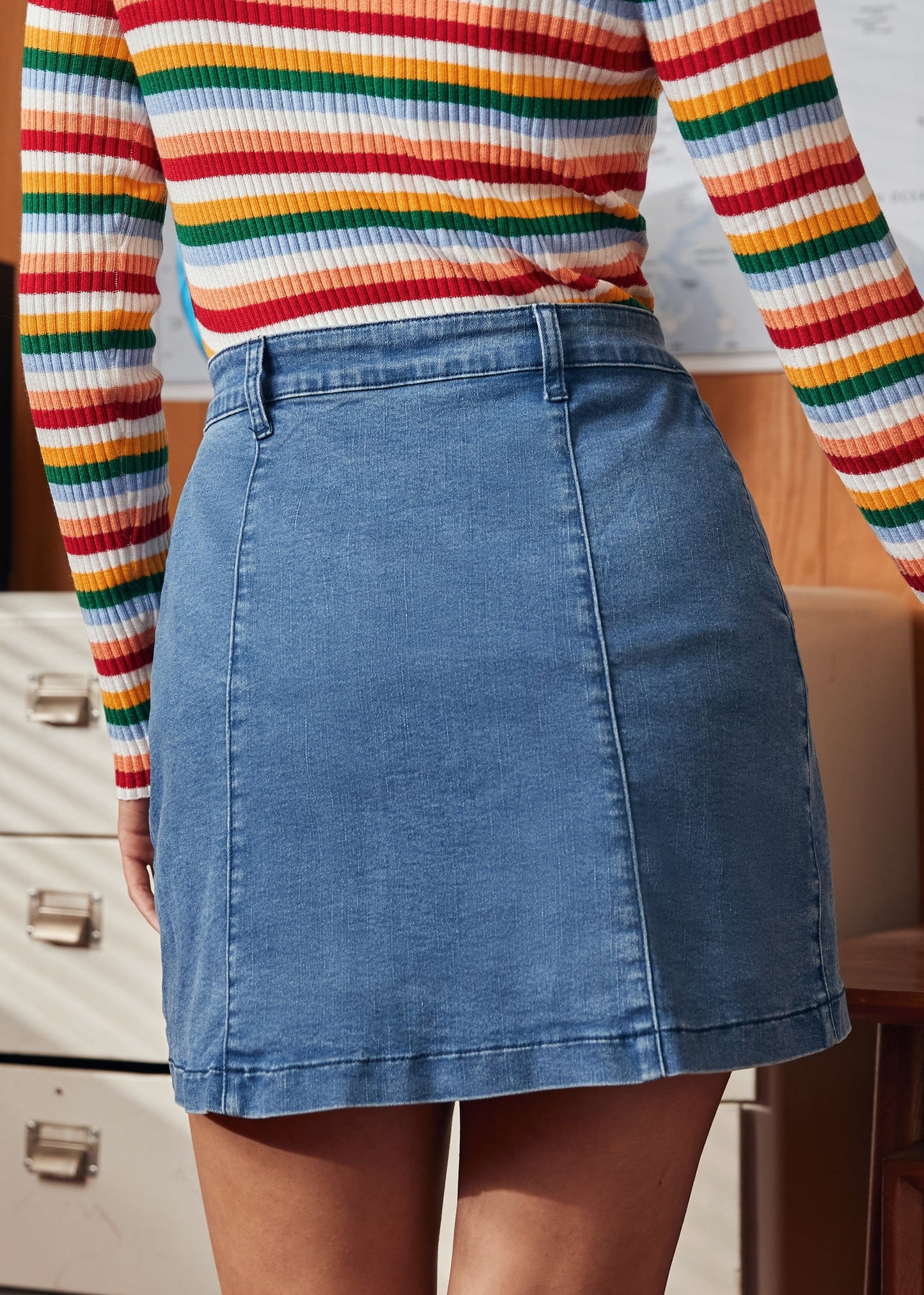 A Spring Fling Button Down A-Line Jean Skirt