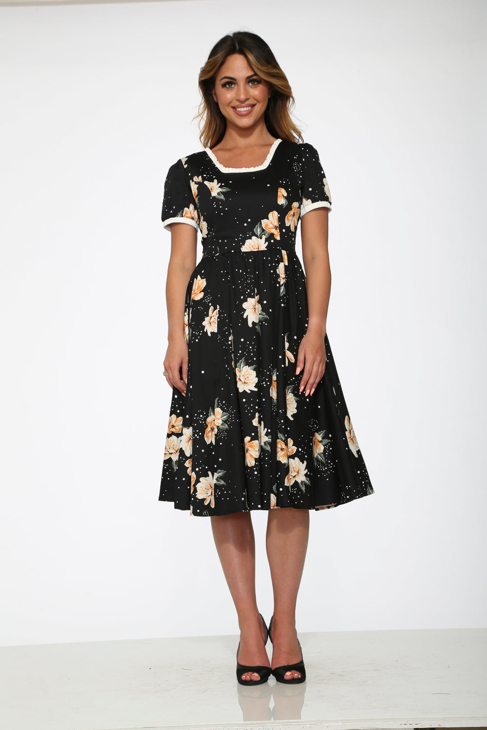 Black & Yellow Floral Swing Dress