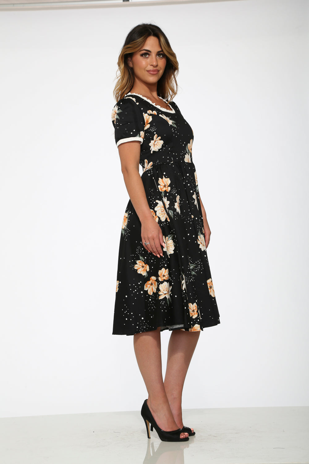 Black & Yellow Floral Swing Dress