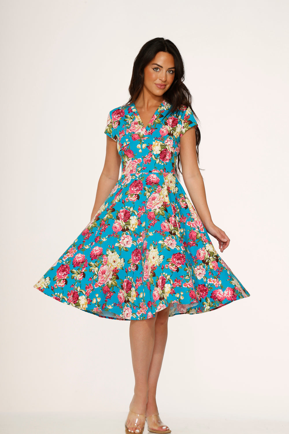 Blue & Pink Floral Swing Dress