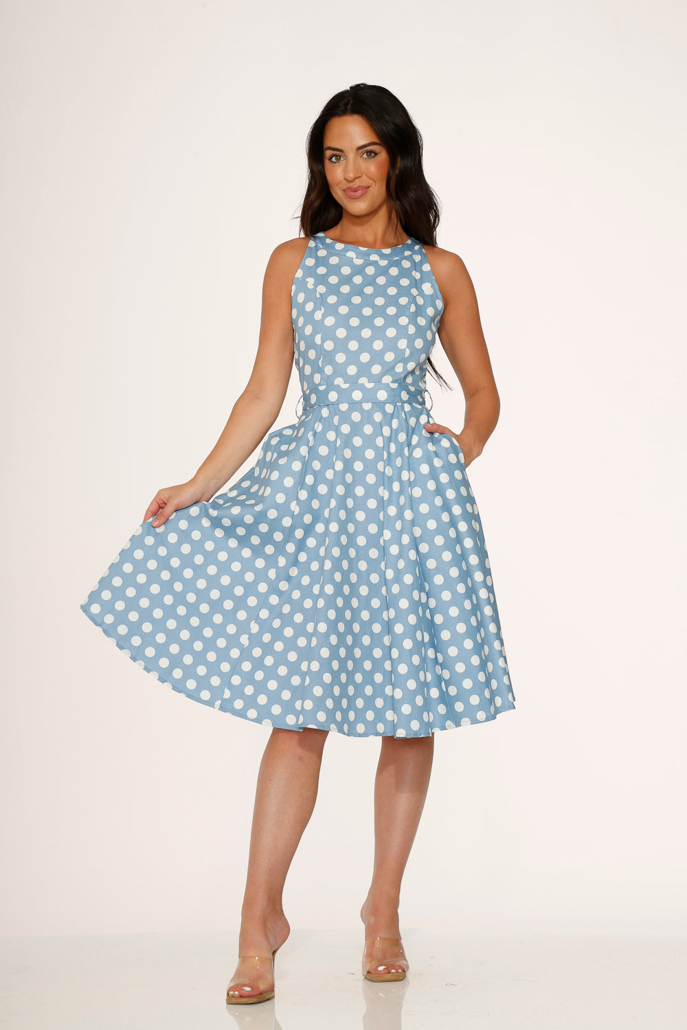 Light Blue & White Polka Dot Swing Dress