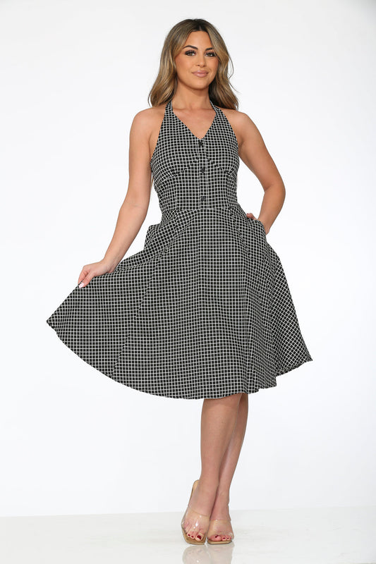 Black White Checkmate Halter Dress