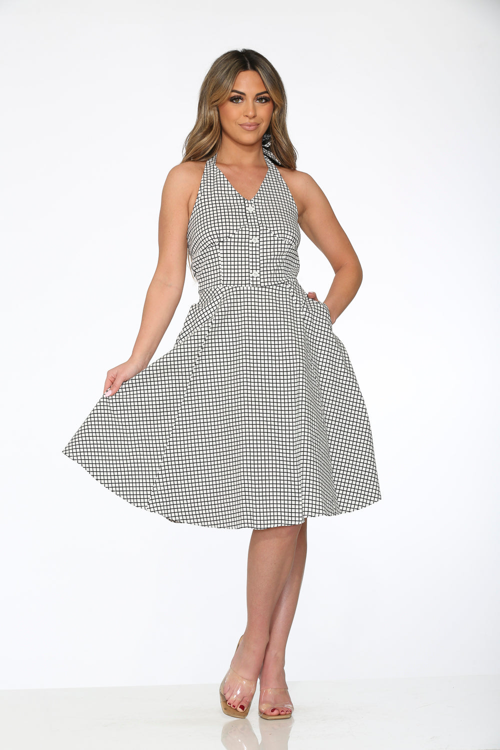 White & Black Checkmate Halter Swing Dress