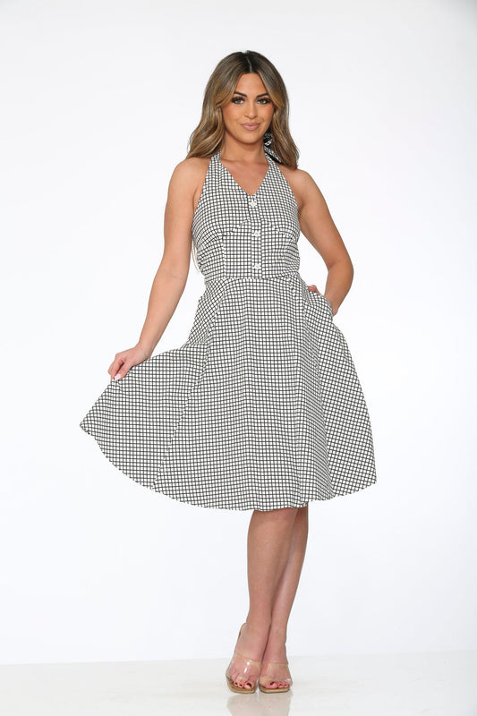 White & Black Checkmate Halter Swing Dress