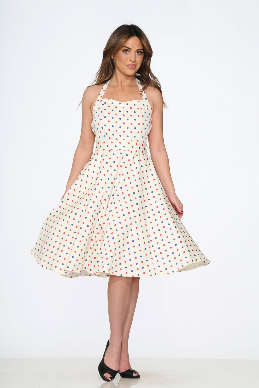 White Candy Dot Halter Swing Dress