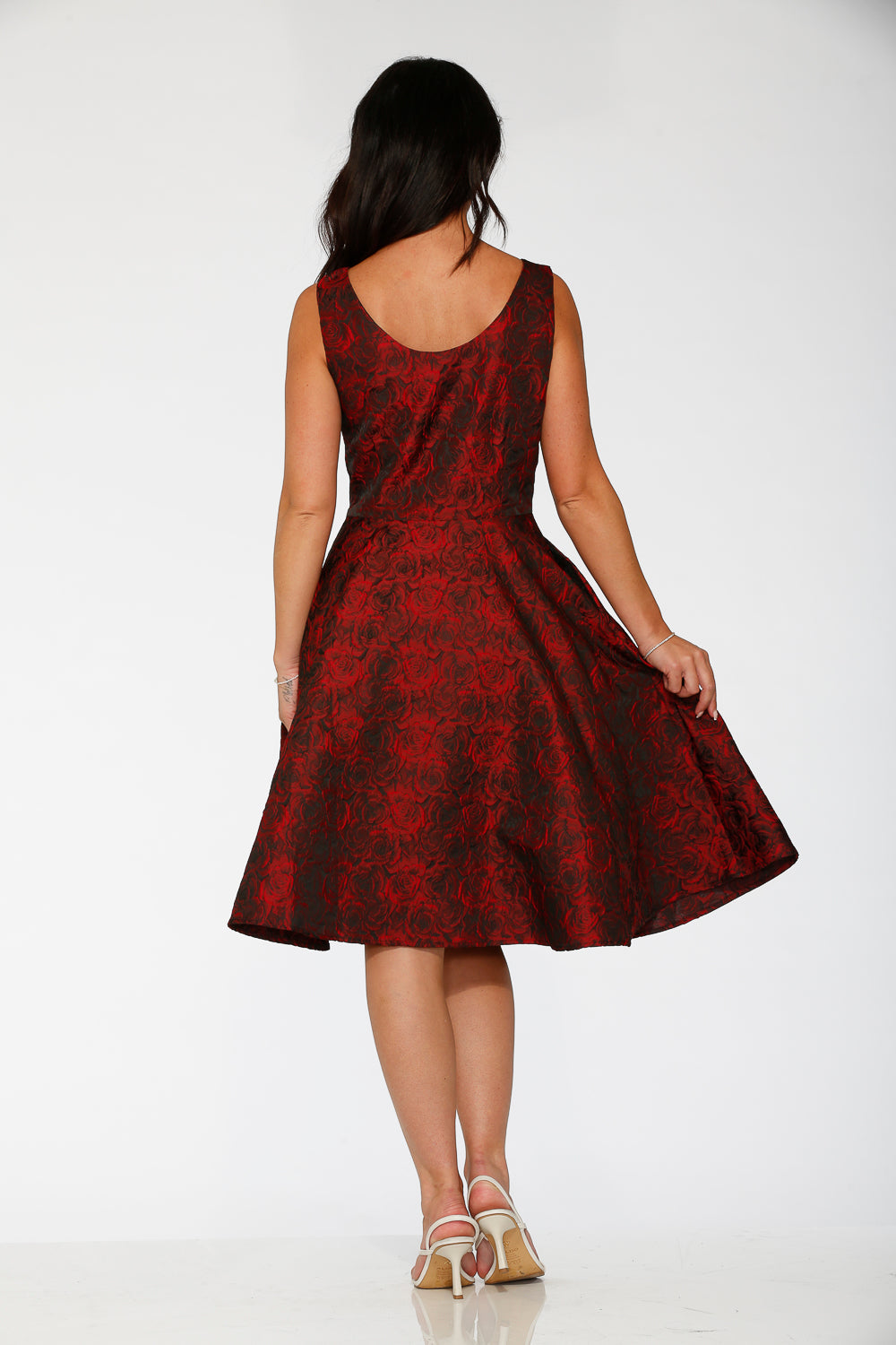 Black & Red Rose Brocade Floral Swing Dress
