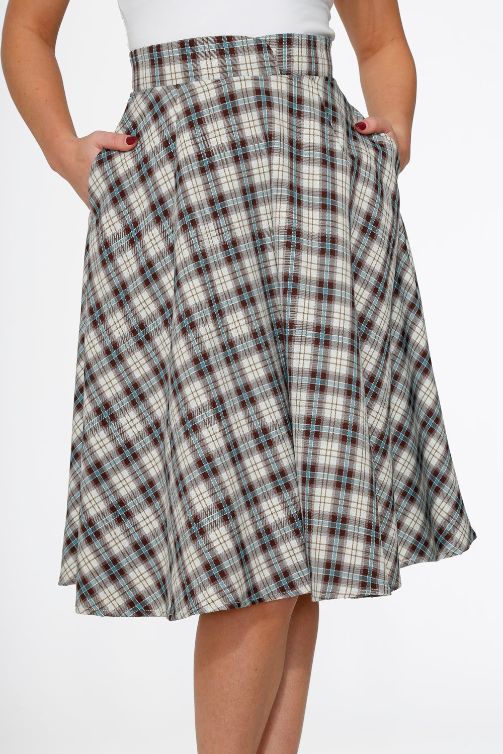 White & Brown Plaid Swing Skirt
