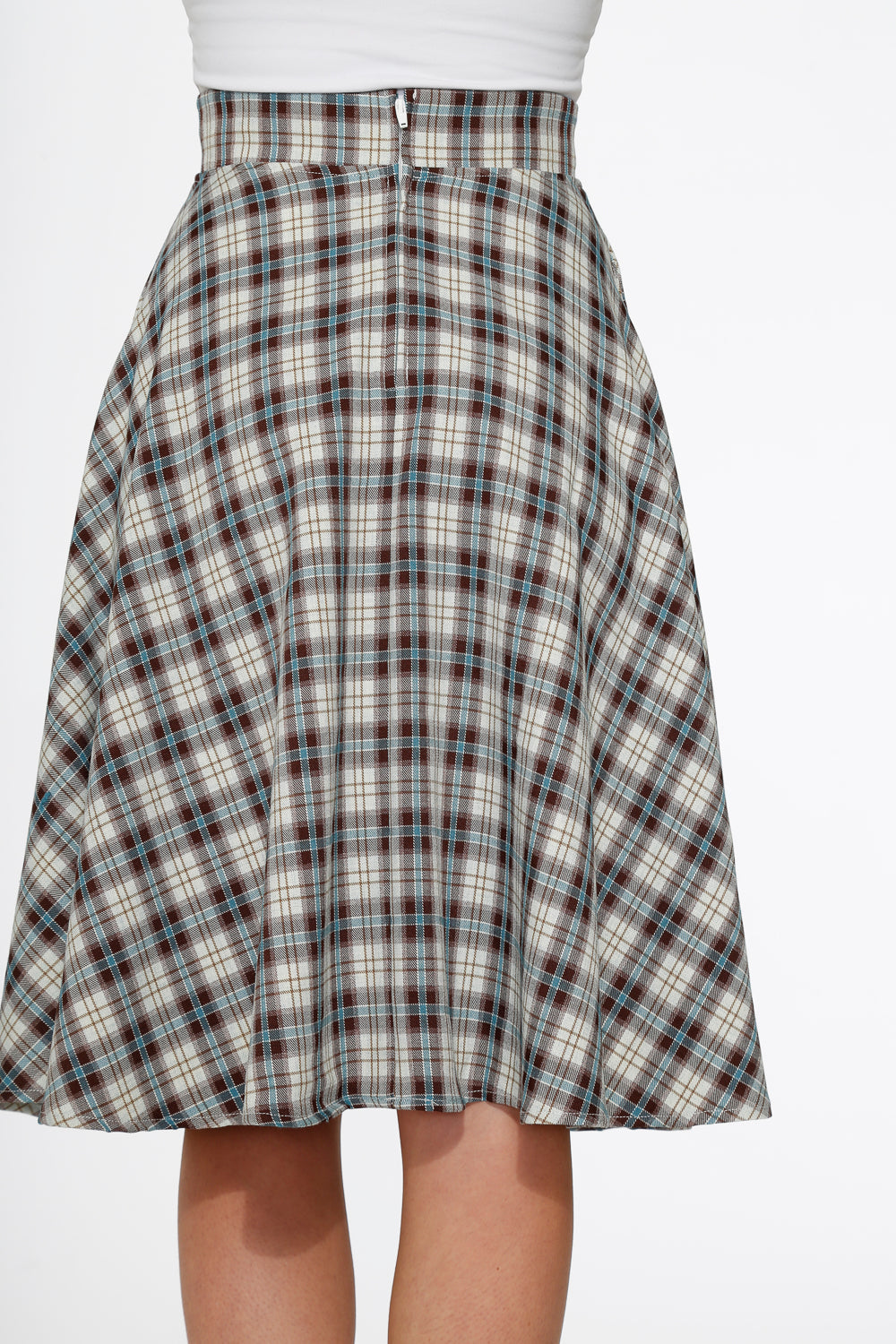 White & Brown Plaid Swing Skirt