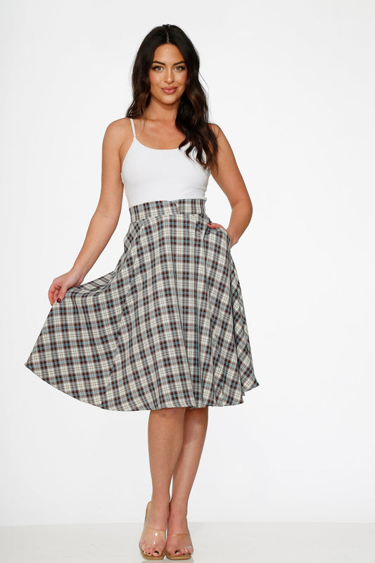 White & Brown Plaid Swing Skirt