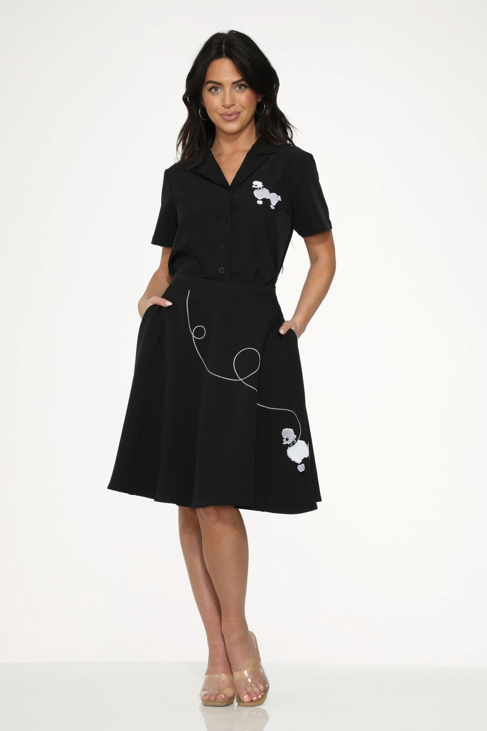 Black White Embroidered Poodle Top