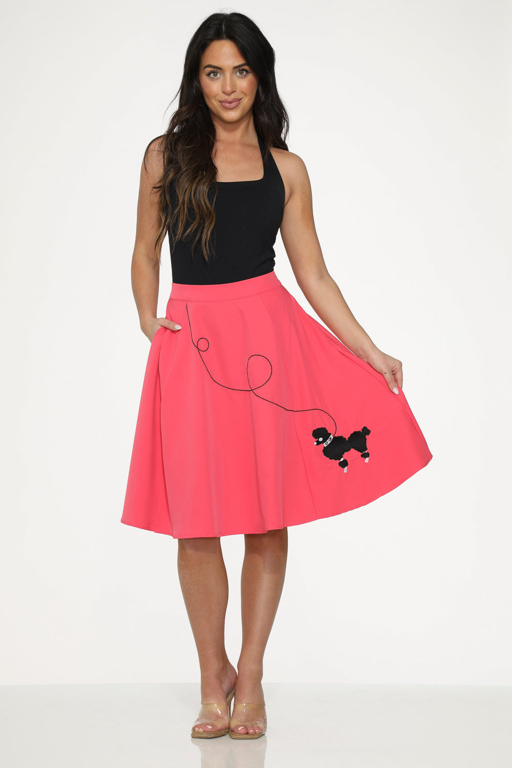 Hot Pink Black Embroidered Poodle Swing Skirt