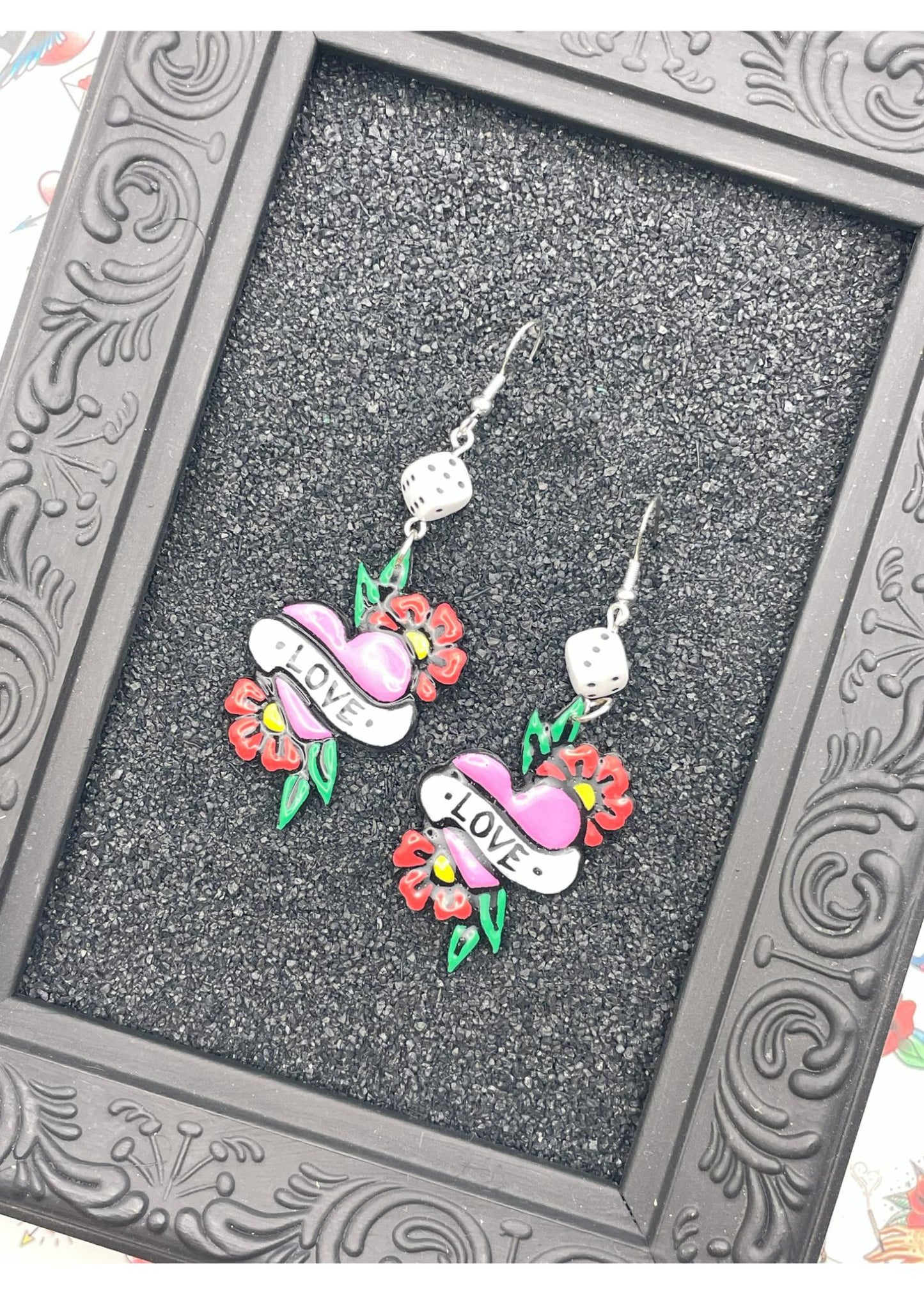 Tattoo Love Dangly Heart Earrings