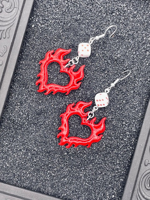 Tattoo Love Flaming Heart Dice Earrings