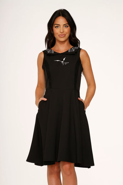 Black Bat Embroidered Swing Dress