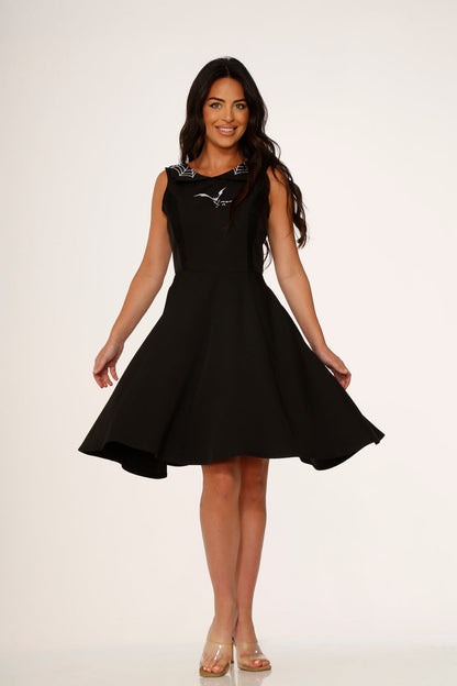 Black Bat Embroidered Swing Dress
