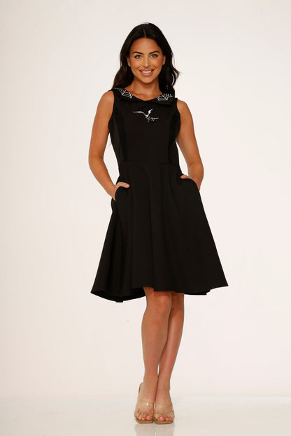 Black Bat Embroidered Swing Dress