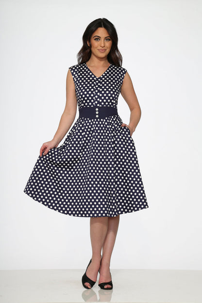 Navy Blue White Polka Dot Swing Dress