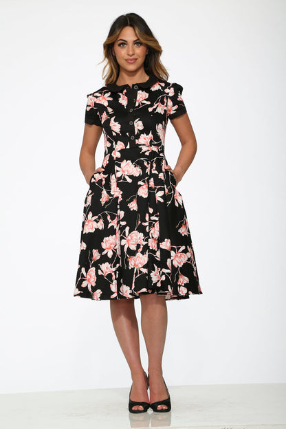 Black & Pink Floral Swing Dress