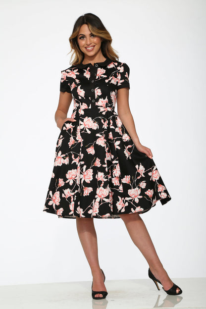 Black & Pink Floral Swing Dress