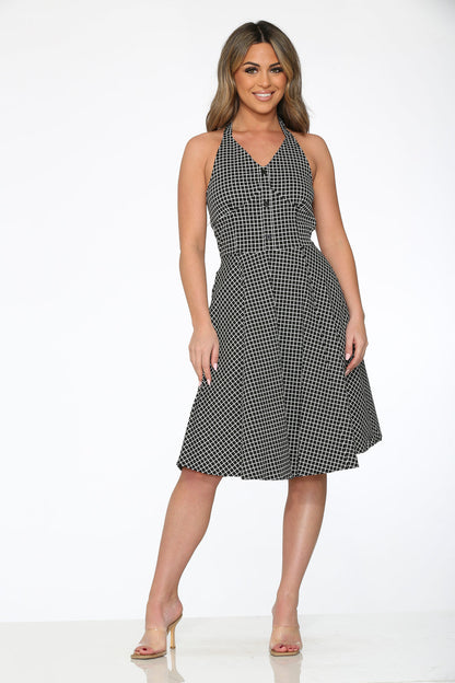 Black White Checkmate Halter Dress