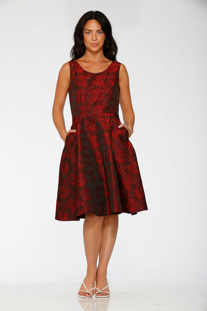 Black & Red Rose Brocade Floral Swing Dress