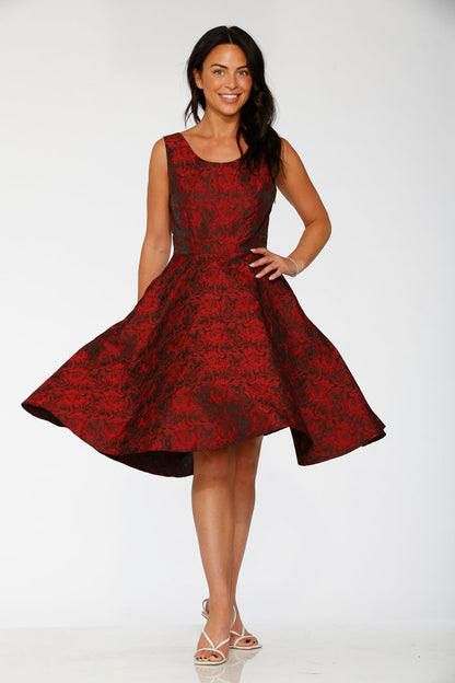 Black & Red Rose Brocade Floral Swing Dress