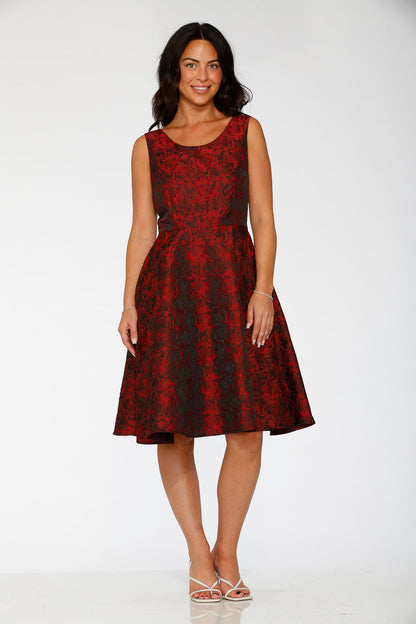Black & Red Rose Brocade Floral Swing Dress