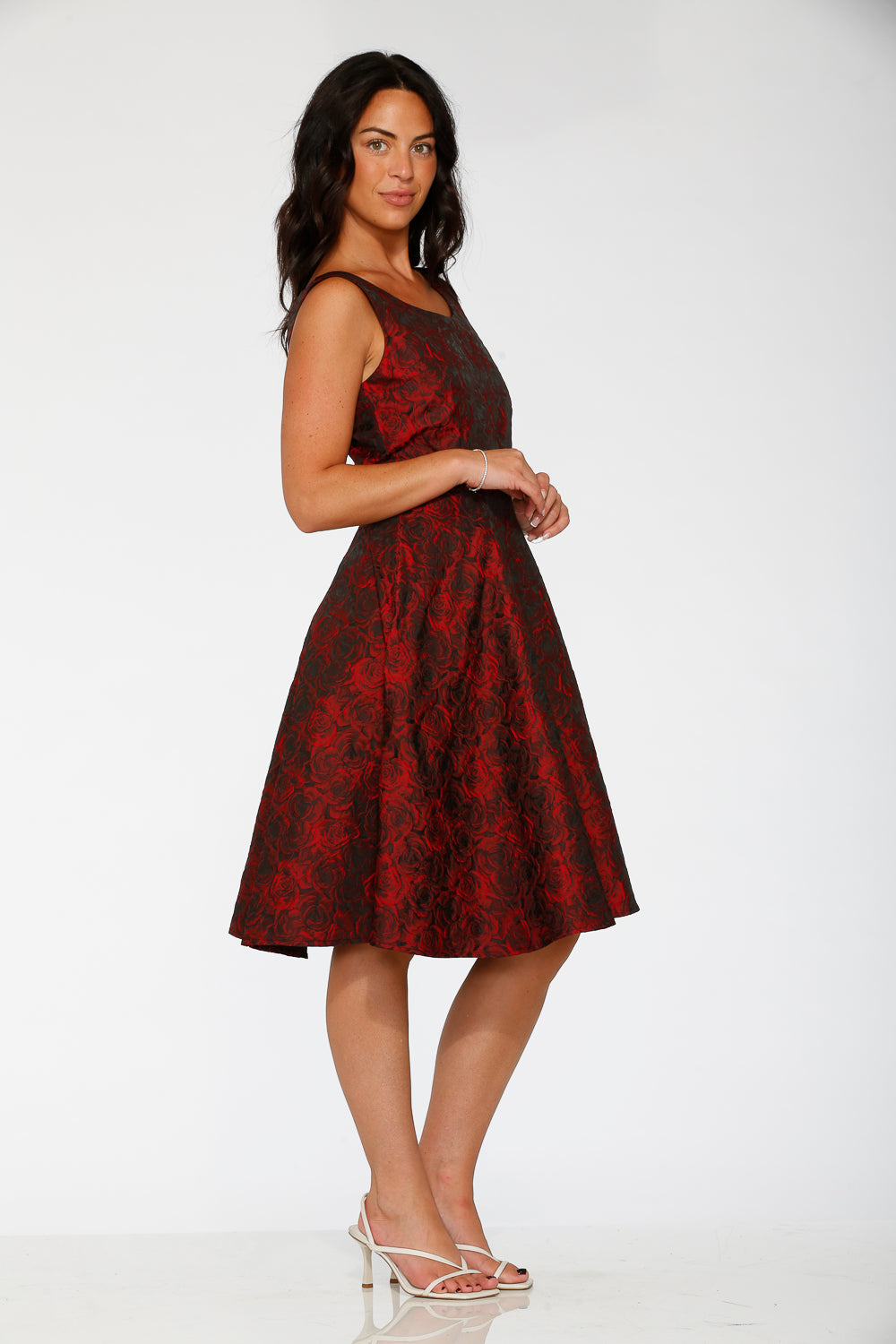 Black & Red Rose Brocade Floral Swing Dress