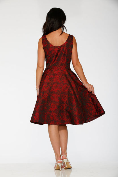 Black & Red Rose Brocade Floral Swing Dress