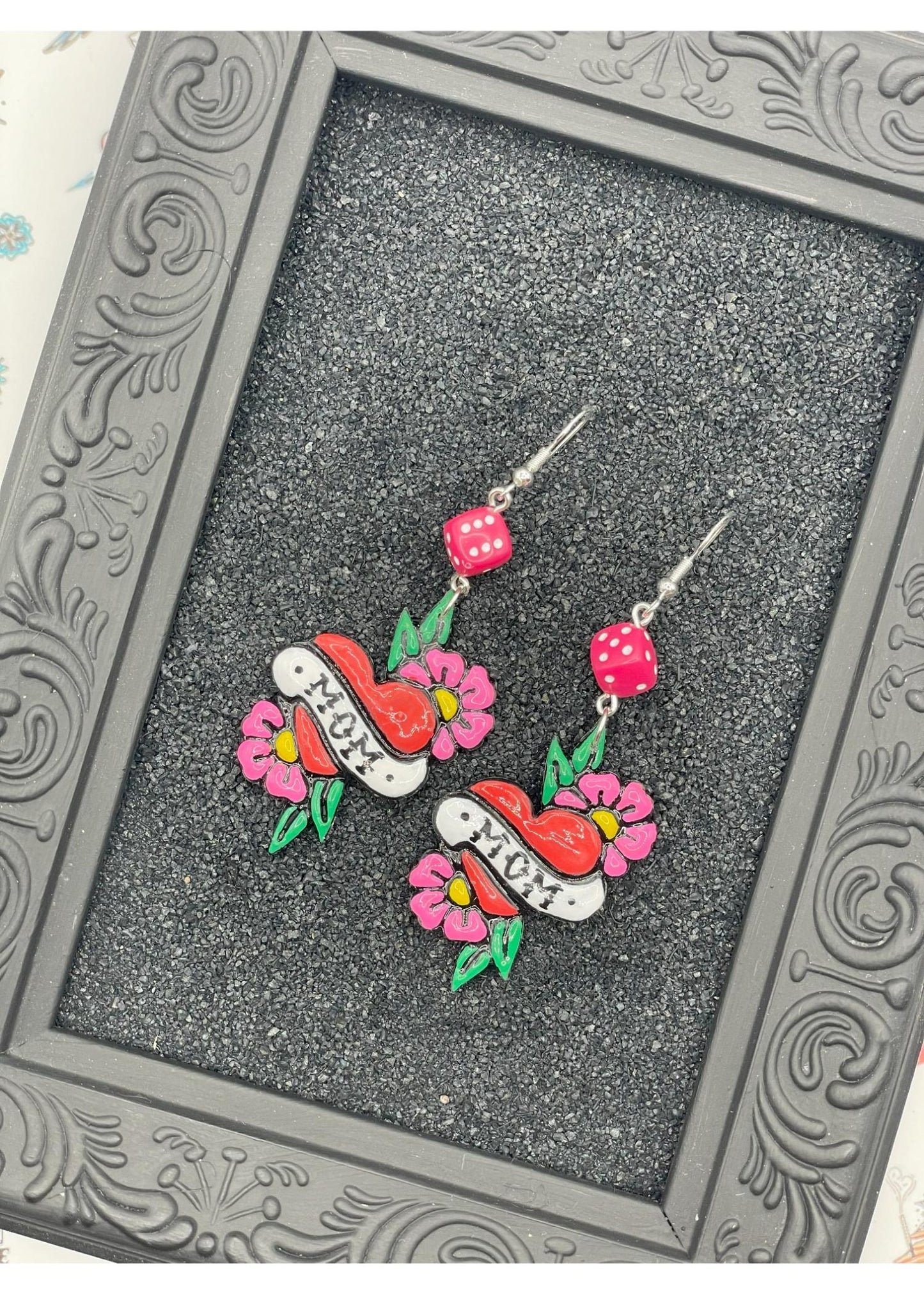 Tattoo Love Mom Heart Earrings