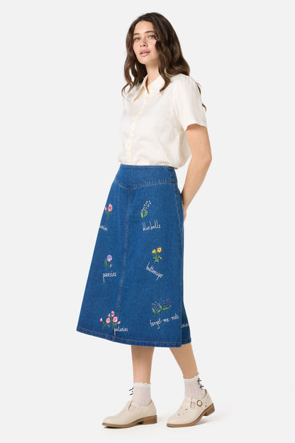 Flower Patch Emb Denim Skirt