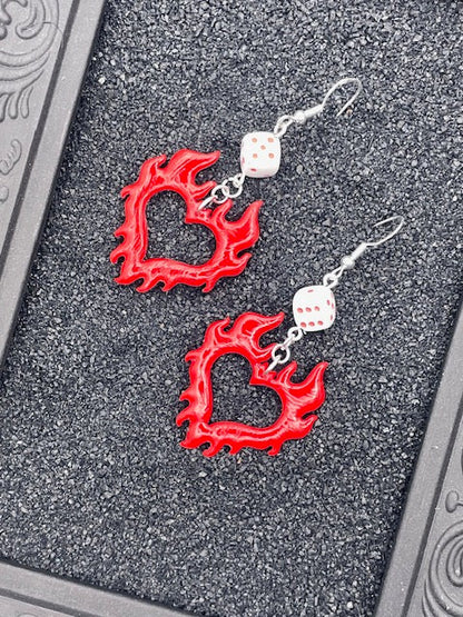 Tattoo Love Flaming Heart Dice Earrings
